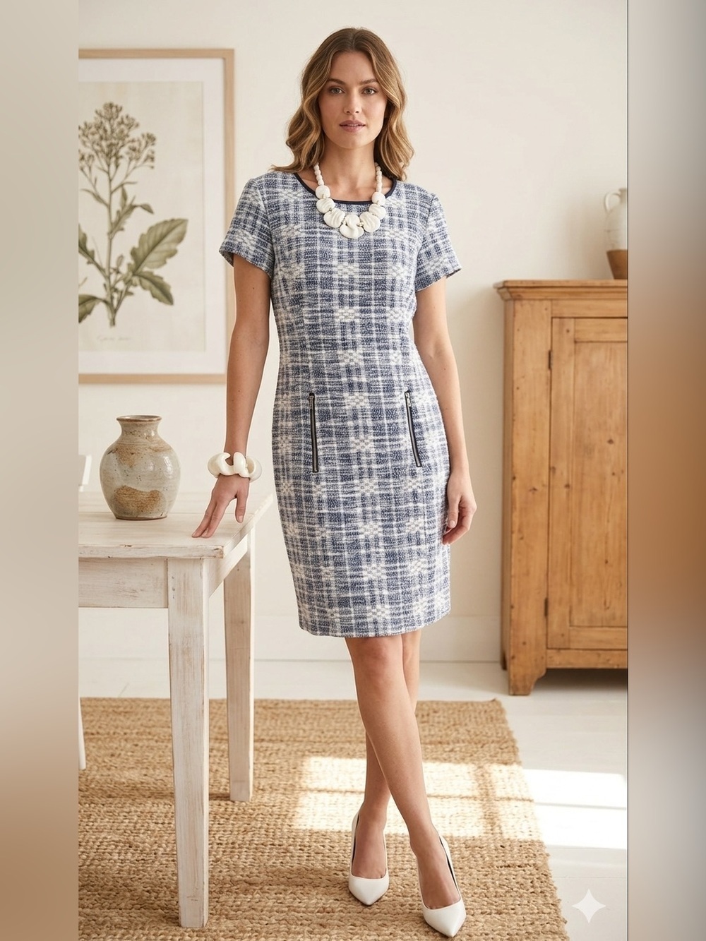 Sharagano Tweed Mini Dress Size12 Blue White Plaid Boucle Cottagecore Sheath Zip